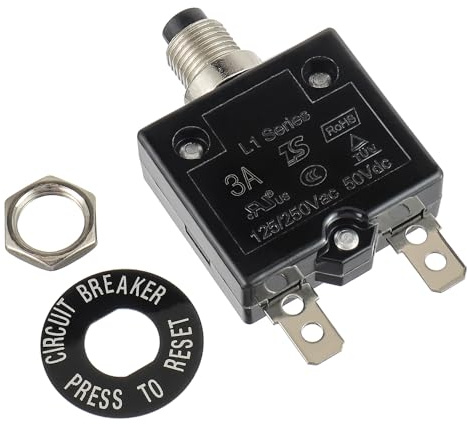 HUWREW 3 Amp Push Button Circuit Breaker 125-250V AC 50V DC | L1 Series Manual Reset Thermal Circuit Breaker 3A Thermal Overload Protector