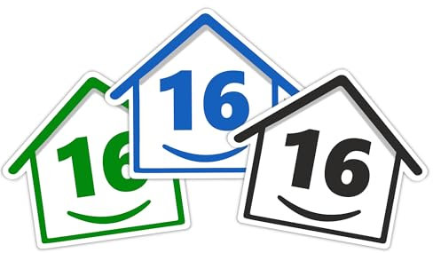 3 x Bin Numbers for Wheelie Bins, 1-99, 15cm ‘Happy House’ Colour Design Dustbin Stickers, Easy Application Stick On Number Stickers - Weatherproof Self Adhesive Vinyl – Blue, Black and Green (16)