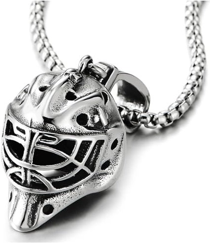 COOLSTEELANDBEYOND Herren Hockey Maske Anhänger Halskette, Edelstahl, Torwart Maske Design, 60cm Stahl Weizen-Kette