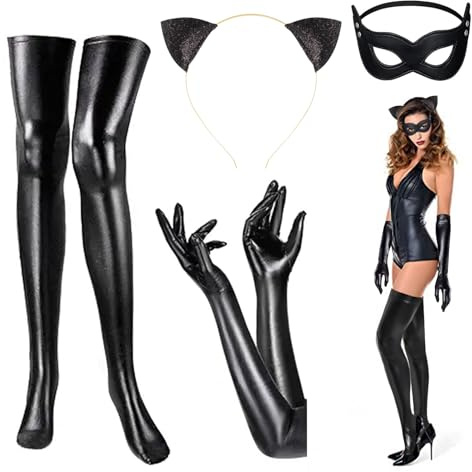 IHLOOTD Katzen Accessoires Kostüm Set 6 Stück Halloween Katzenkostüm Damen mit Katzenohren Haarreif Schwarze Katzenmaske Lange Handschuhe Socken für Cosplay, Masquerade, Mottoparty, Karneval