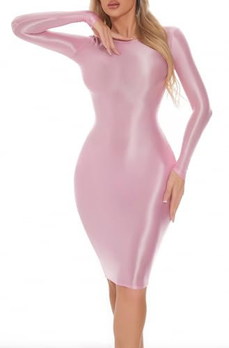 FEOYA Women's Oil Glossy Dress Long Sleeve Tight Pencil Dress Sexy Shiny Bodycon Dresses for Women Short Wet Look Sheer Mini Skirt Midi Slim Fit Casual Club Clubbing Office Work Skirts Clubwear Pink M