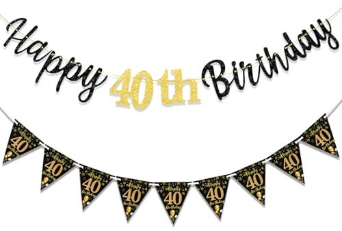 TOPWAYS Deko 40 Geburtstag Banner Frauen Mann, Schwarz Gold Geburtstagsdeko 40. Geburtstag Girlande Happy 40 Birthday Banner Wimpelkette für 40Geburtstag Frauen Männer Deko (Geburtstag40)