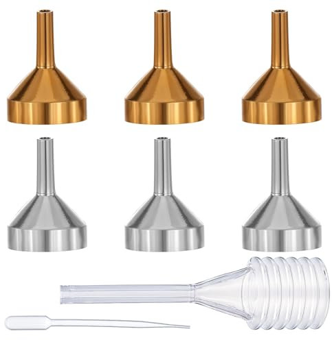 TIESOME Pequeño embudo para llenar botellas, 6 unidades Mini embudo de acero inoxidable, juego de cocina con 2 pipetas para líquidos, especias, perfume, aceites esenciales, champú, arena