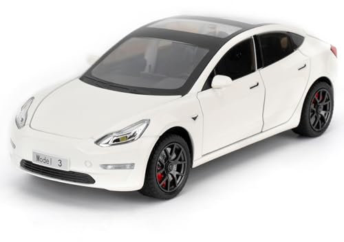 Tesla Model 3 Spielzeugauto, 1/24 Gusslegierung Modellauto, Spielzeugauto mit Sound- und Lichtfunktion und Pull Back Funktion, kann die Tür öffnen Design, Sammlermodell Auto, Geschenk für Kinder(weiß)