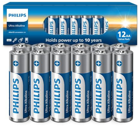 PHILIPS AA Batteries 12-Pack | 1.5v Ultra Alkaline Double A Battery | 132% More Power Then Industry Standard | Long-Lasting | 10-Year Shelf Life | Ideal for Indoor & Outdoor Use | Premium Performance.