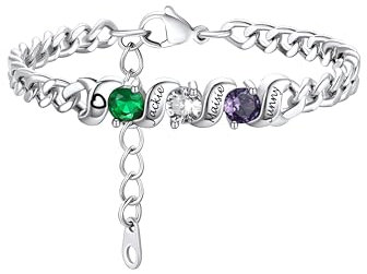 Custom4U Personalisierte Panzerkette Armbänder Damen Silber mit 3 Namen/Geburtsstein Gravur 5mm breit Mutter Tochter Armband 16cm+3cm lang Edelstahl Frauen Armreif Geschenke für Weihnachten Muttertag