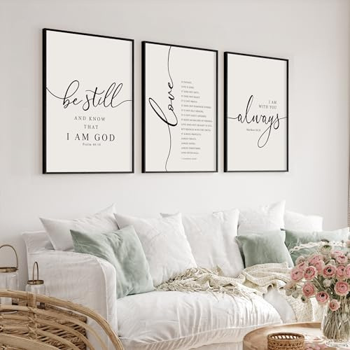 Heiple Gerahmtes Wandkunst-Set mit Aufschrift Be Still and Know that I am God, Wandkunst, Set mit 3 Drucken für Zuhause, Schlafzimmer, Dekoration über dem Bett, Bibelvers, Schrift, Kunst,