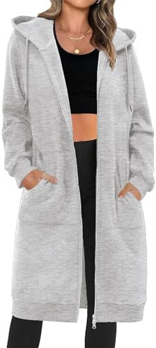 Tuopuda Sweat à Capuche Femme Grand Sweatshirt à Capuche Zippée en Polaire Veste Longue pour Femme Pullover Manches Longues pour Femmes Casual Lâche Sweatshirt Automne Hiver(Gris Clair,M)