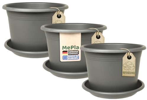 MePla Lot de 3 pots de fleurs cylindriques de 50 cm de diamètre + soucoupe de 49 cm de diamètre, anthracite, résistants aux intempéries, en plastique résistant aux UV