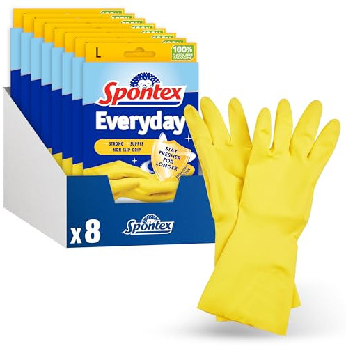 Spontex Everyday Rubber Gloves | Large Size | Antibacterial Protection | Non-Slip Grip | Natural Latex with 100% Recycled Cotton Lining | 8 Pairs
