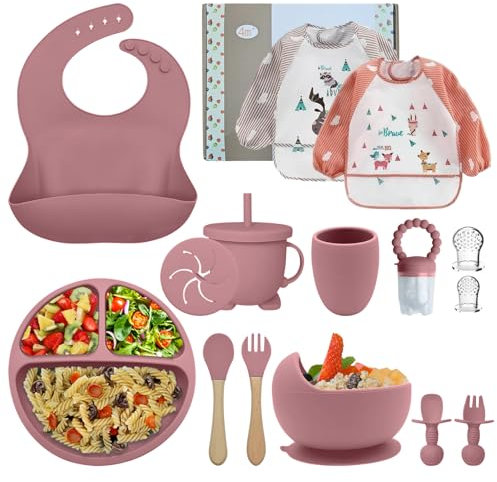 Assiette Bebe,Coffret Repas Bebe,lot de 15,Set repas bébé, Bol Cuillere Bebe,Bavoir Silicone Bebe,Assiette Ventouse Pour BéBé,tétine grignoteuse bébé Enfant Set Couverts Vaisselle Pour Sevrage Manger