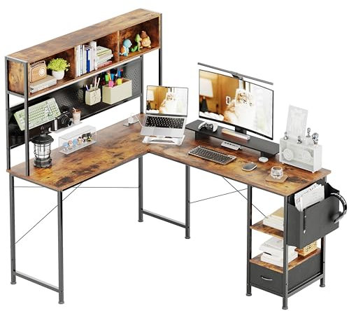 CAIYUN L Shaped Desk, 58 Computer desk with Storage Shelves, Reversible Gaming Desk with Power Outlet, Corner Desks for Home Office, Study, Rustic Brown