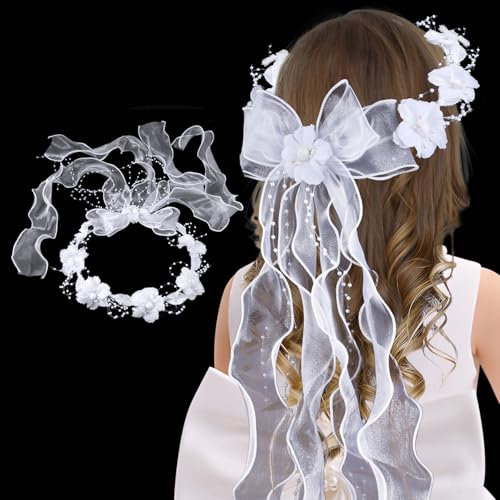 BOFUNX Haarband Kommunion Haarschmuck Mädchen Haarkranz Blumenkranz mit Blüten Perlen Bänder Blumenkrone für Kommunion Blumenkind Hochzeit Festival Kopfschmuck