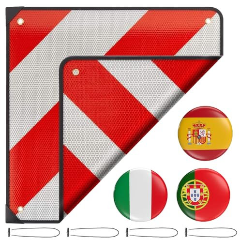 KBIBCK Placa V20 Homologada, 50 x 50 cm Señal Reflectante de Advertencia Rojo y Blanco para Italia, España Y Portugal, Señal de Advertencia con 4 Correas para Autocaravana, Caravana, Portabicicletas