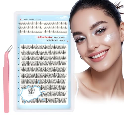 Kiusatig Self Adhesive Cluster Lashes Bottom Lashes Individual Eyelash Kit | Pre Glued Press On No Glue Needed Reusable Natural Look with Tweezer Easy Apply