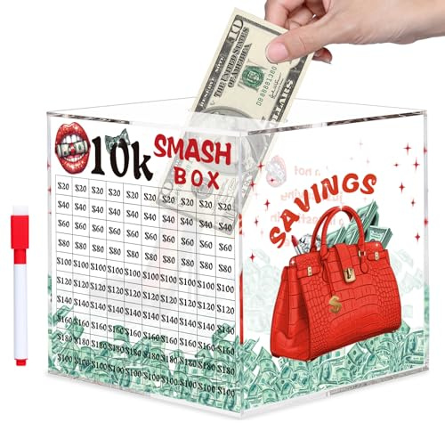 10k Smash Box for Money, Large Piggy Bank for Adults 10000 Savings Challenge Box, Money Saving Box for Cash, Big Unbreakable Clear Acrylic Money Saver Must Break to Open