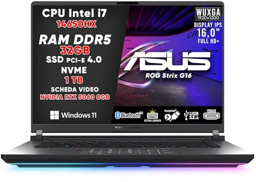 ASUS ROG STRIX G16 PC GAMING, NOTEBOOK GAMING I7-14650HX, RAM 32GB DDR5, SSD 1TB, NVIDIA GEFORCE RTX 5060 (8GB GDDR7), DISPLAY 16 FHD, LAPTOP GAMING CON THUNDERBOLT 5, BT 5.4, TASTIERA RGB, WIFI 7
