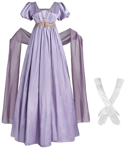 Nuoqi Regency Dresses Damen 1800er viktorianisches Kleid Empire-Taille Ballkleid mit Handschuhen, Violett, M