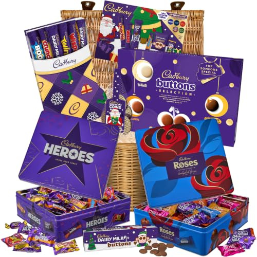 Cadbury Ultimate Christmas Chocolate Hamper Basket by Cadbury Gifts Direct - Including Roses, Heroes, Three Selection Boxes, Buttons Tube, and Coins bag. Great for Sharing or Festive Gifting.