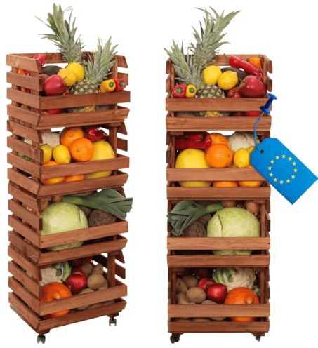 MODO24 Modular Holzregal für Gemüse & Obst auf Rollen, Stapelbares Regalsystem aus Kiefernholz, 4 Holzkisten, Kartoffelsteige, Küchenregal, Vorratsregal, Gemüseregal, Abm. 106x37x30 cm, Fargbe: Braun