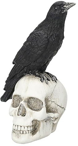 Cepewa Rabe auf Totenschädel | Polyresin 11x14x8cm schwarz weiß | Dekofigur Skull Totenkopf Krähe Halloween Gothic Dekoration
