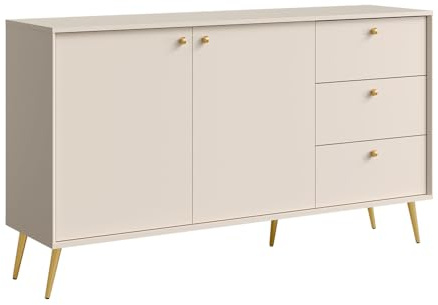 Lomadox Wohnzimmer Sideboard 156 cm breit beige, goldene Füße & Griffe, 2 Türen, 3 Schubladen, Kommode Schubladenschrank Stauraum Sandfarben hell modern
