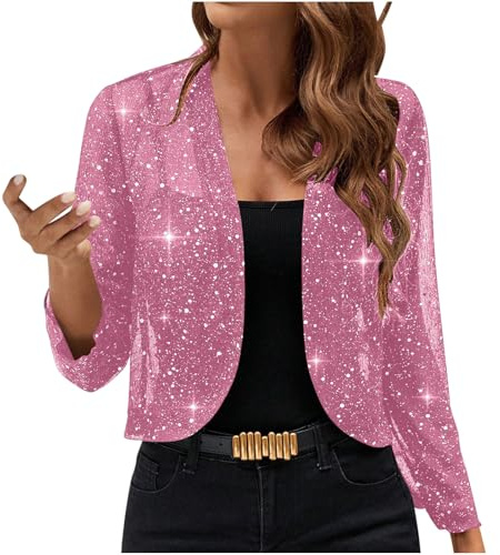 Jamicy Glitzer Bolero Damen Festlich Pailletten Oberteil Silvester Bolerojacke Party Outfit Karneval Kostüm Festliche Blusen Zur Hochzeit Cardigan Festival Strickjacke Jacke Frauen Kleidung Rosa XXL