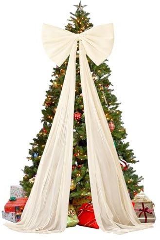 higyee Puntale per Albero di Natale con Fi-occo - Ornamento Gigante con Fi-occo per Albero di Natale da 20 x 71 Pollici | Fiocchi Decorativi Giganti Bordeaux con Nastro Lungo per La Casa (Crema)