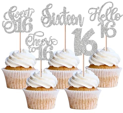 Xsstarmi 30 Packung Tortendeko Sweet 16 Geburtstag Mädchen Geburtstag 16 Jahre Mädchen Silber Hallo 16 Kuchen Deko Cheer to 16th Birthday Cupcake Toppers für 16. Geburtstagparty Kuchen Dekoration