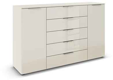 Rauch Möbel Flipp, Kommode, Farbe Glas Beige, Breite 160 cm | Sideboard, 2-türig, 5 Schubladen, Glasfront, Soft-Close-Funktion, für Schlafzimmer, Gästezimmer, Wohnzimmer, Garderobe, Flur