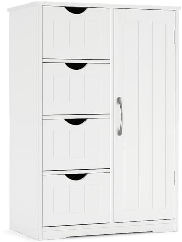 DUMOS Badezimmerschrank, MDF Kommode mit Schubladen, Badschrank Schmal Klein, Beistellschrank mit 4 Schubladen, 60 x 28.5 x 81 cm, für Badezimmer, Wohnzimmer, Schlafzimmer, Esszimmer, Küche, Weiß