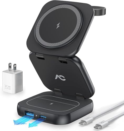 5-in-1 Wireless Charger for MagSafe, AC ISLAND Portable Travel Charging Station, 35W Max Qi2 Fast Foldable Magnetic Stand, Evolved for iPhone 17-12 Series, Apple Watch, AirPods (with 35W Adapter)