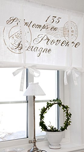 Scheibengardine Raff Gardine Raffrollo Vorhang 'Bretagne' 140 x 100 cm (BxH) weiß mit Stempel Aufdruck in beige sand Baumwolle Landhaus Shabby French Vintage Retro Antik Nostalgie