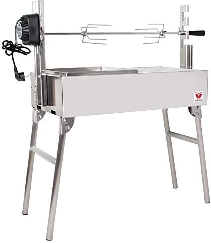 Beeketal 'SGB-8RW' Stand Spießbratengrill mit Grillmotor (ca. 2 U/Min.) höhenverstellbar, extra Grillfläche zweigeteilt mit Grillrost und Grillschale, Spießgrill für Rollbraten oder als Hähnchengrill