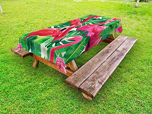ABAKUHAUS Flamingo Outdoor-Tischdecke, Retro exotische Blätter, dekorative waschbare Picknick-Tischdecke, 145 x 265 cm, Grün Rosa