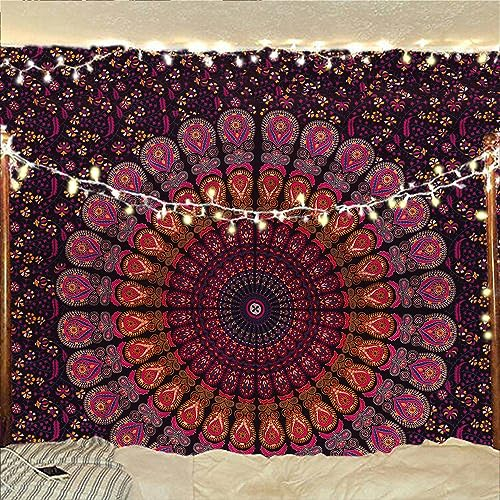 Bless International Handgefertigter indischer Hippie-Wandteppich, psychedelisches Pfauen-Mandala, Wandbehang, College, Wohnheim, Strand, Überwurf, Tischdecke, Bettwäsche, Wandteppich, 140 x 185 cm,