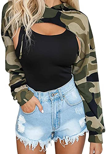BEJONS Langärmeliges bauchfreies Oberteil für Damen, Hoodies, Sweatshirt, ästhetisch, Punk, Hip-Hop, Tanz, sexy Rave-Tuch, Grün, Camouflage, Small/Medium