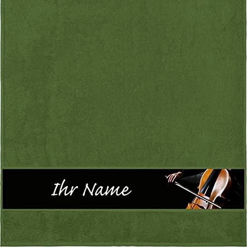 Manutextur Duschtuch mit Namen - personalisiert - Motiv Cello - viele Farben & Musik-Motive - Dusch-Handtuch - dunkelgrün - Größe 70x140 cm - persönliches Geschenk mit Wunsch-Motiv und Wunsch-Name