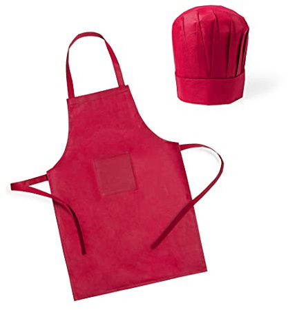 Pack de 10 Delantales infantiles + Gorros de Cocina en color rojo con bolsillo - Delantal para Niños y Niñas Juveniles en material Non-Woven y Talla Única (10)