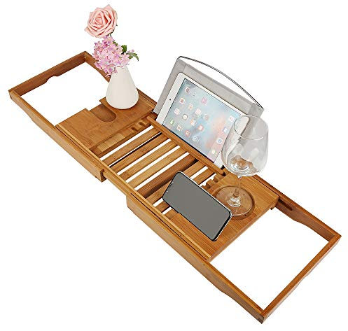 Plateau de Baignoire Extensible, Pont de Baignoire en Bois, Etagère à Baignoire Réglable en Longueur 70 à 105 cm, Bois