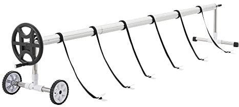 Enrollador de Cubierta de Piscina Retractor de Lona Longitud Ajustable Barra Telescópica con 8 Correas Pinzas con 2 Ruedas Aluminio Acero Inoxidable Plástico Multicolor