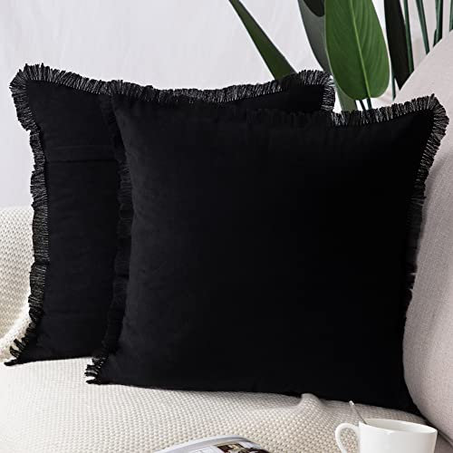 Madizz 2er Set Kissenbezügen aus Wildleder mit Fransenquasten Weiche dekorative Kissenbezüge für Sofa Schlafzimmer Kissenhülle Schwarz 55x55 cm Quadrat