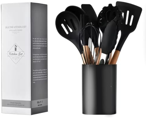 Ustensiles de Cuisine en Silicone - Set de cuisine 33 PCS en Silicone et bois contient pot de rangement - Kit de spatules résistants à la chaleur Antiadhésif