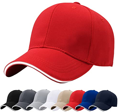 Baynetin Herren Baseballmützen, 100% Baumwolle 6 Pannels Plain Solid Color Hut, Pre-Curved Visor mit Sandwich. Einstellbare Atmungsaktiv Sommer Justierbarer Outdoor-Sportkappe (Rot)