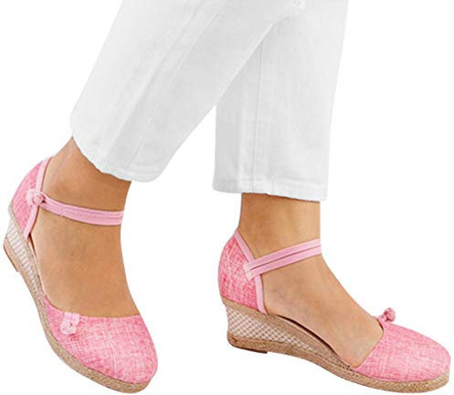 Alueeu Sandalias Mujer Verano 2023 Cuña Comodas Alpargatas Zapatos Casual Hebilla Fiesta Clásica Elegantes con Pala Cerrada Exterior Forrada de Yute Romano Sandalias de Playa, 06 Rosa, 39 EU