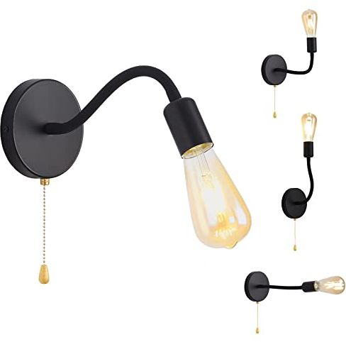 Pageone Wandleuchte Schwarz Innen mit Schalter Wandlampe Schlafzimmer Retro E27 Bett Leselampe mit Flexibel Schwanenhals 360° Schwenkarm Badlampe für Flur Nachttisch Badezimmer Spiegel