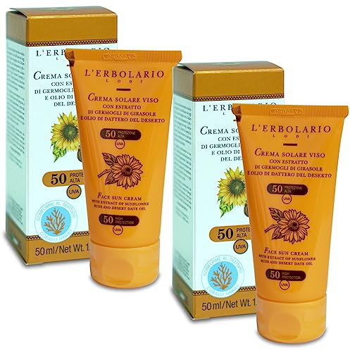 2x Erbolario - CREMA SOLARE VISO SPF 50-50 ml - Protezione alta con estratto di girasole, olio di dattero del deserto e acido ialuronico