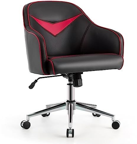 COSTWAY Home Office Chair, Height Adjustable Swivel Computer Desk Chair Racing Gaming Armchair with Rocking Function, Ergonomic Leather Mid-Back Rolling Accent Task Chair (Red)