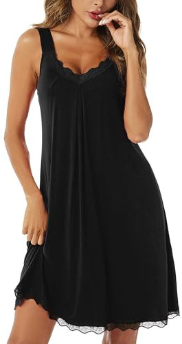 Uniexcosm Nuisette Femme Sexy Coton Dentelle Chemise de Nuit Femme sans Manches Col en V Doubles Dretelles Noir XXL