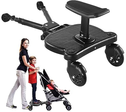 Tabla de cochecito con asiento, tabla de pie, tabla de cochecito para niños pequeños, diseño estable de dos ruedas con asiento, tabla de pie que se adapta a cualquier cochecito (negro)